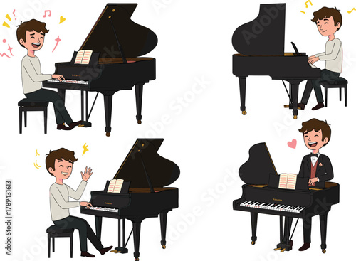 Cartoon, man, piano, music, performance, emotion, character, pose, grand, notes, vector, illustration, activity, sound, entertainment, formal, casual, rhythm, joy, expression