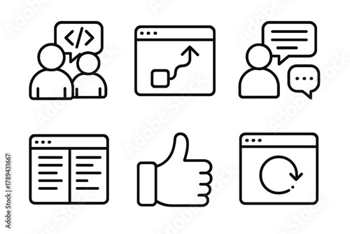 Developer Icons Overview. Peer Review linear icon set: developer avatars, pull request icon, discussion thread, code diff view, thumbs up, version history.