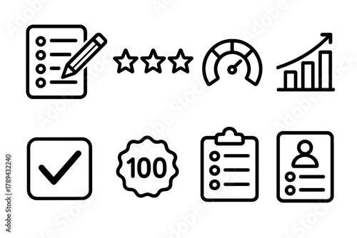 Assessment Icon Collection. Assessment Tools linear icon set: test sheet, pencil icon, rating stars, completion meter, progress chart, answer box, score badge, evaluation form.