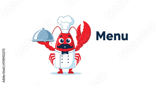 A cartoon lobster chef wearing a chef hat and uniform holds a silver cloche over a plate with a raised claw, next to the word  