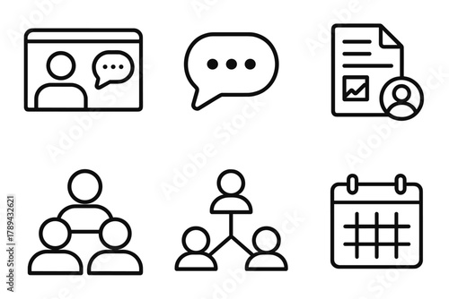 Virtual Meeting Icons. Virtual Collaboration linear icon set: video call screen, chat bubble, shared document, team icons, connection lines, calendar meeting.
