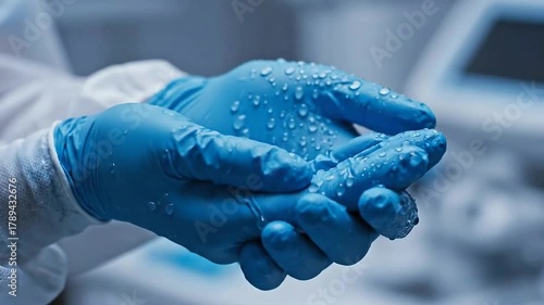 Close up on hands wearing blue medical gloves covered in water droplets in a sterile laboratory environment. Cinematic lighting highlights the texture of the gloves and
