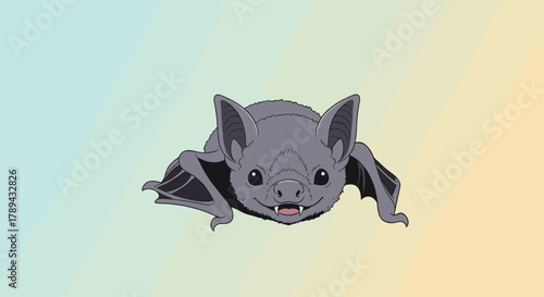 Cute cartoon bat with wings spread open, smiling with fangs visible, against a pastel gradient background.