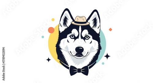 Stylized illustration of a husky dog wearing a hat and bowtie with colorful abstract shapes in the background.