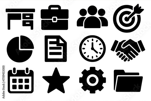 Corporate Icon Set. Corporate Teamwork silhouette icon set: office desk, briefcase, people icons, target, pie chart, document, clock, handshake, calendar, star, gear, folder.