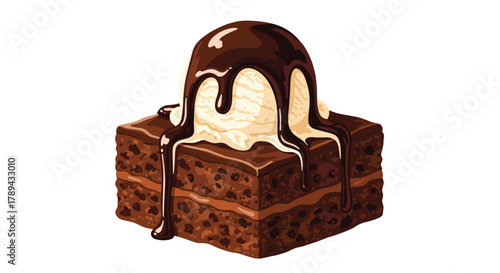 A square chocolate brownie with a scoop of vanilla ice cream topped with chocolate syrup.