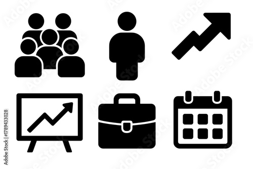 Scalable Team Icons. Team scalability silhouette icon set: group of people, leader figure, upward arrow, chart board, briefcase, calendar.