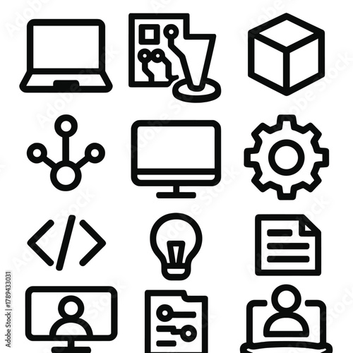 Brutalist Tech Icons. Digital Laboratory silhouette icon set: laptop, circuit board, hologram, 3D cube, data nodes, monitor screen, gear, cloud, virtual display, code brackets,