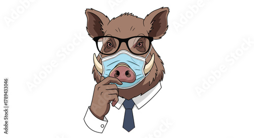 Cartoon boar wearing glasses and a face mask, dressed in a shirt and tie.