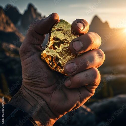 Golden Nugget in Hand Discovery, Wealth, and Nature's Treasure in the Mountains