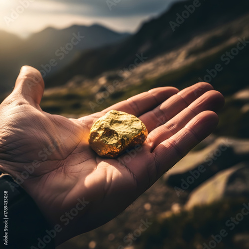 Hand Holds a Shiny Golden Nugget Against a Mountain View