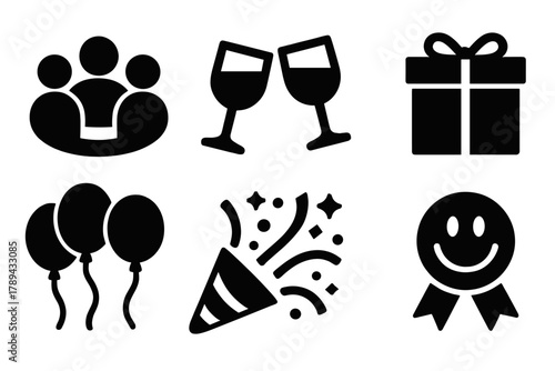 Brutalist Celebration Icons. Friendly Celebration Icons silhouette icon set: people circle, wine glasses, gift box, confetti burst, balloons, smiley face, star sparkle, ribbon