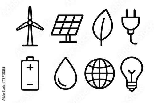 Clean Energy Icons. Clean Power Collection linear icon set: wind turbine, solar panel, leaf, plug, battery, droplet, globe, light bulb.