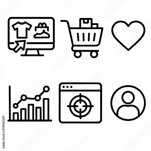 E-commerce Icon Set. E-commerce Personalization linear icon set: product recommendations, shopping cart, favorite items, analytics chart, targeted ad, customer profile.