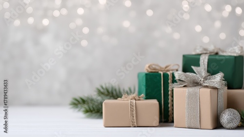Christmas presents wrapped in green and beige with bows, surrounded by festive bokeh lights and pine branches