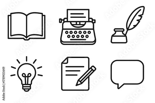 Writer's Toolkit Icons. Creative Writing linear icon set: open book, typewriter, quill pen, idea lightbulb, draft paper, dialogue bubble.
