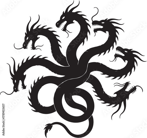 Mythical black hydra monster with multiple heads in silhouette for banners