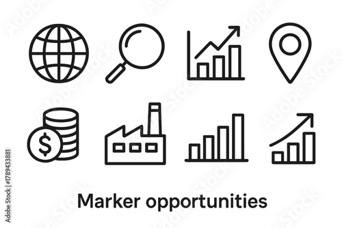 Global Market Icons. Market Opportunities linear icon set: globe, magnifying glass, chart, map pin, coin stack, factory, bar graph, arrow.