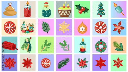 Variety of festive items, holly ornament, poinsettia candles in seamless design, Christmas celebrations vector illustration. 