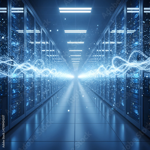 Futuristic server room with glowing data streams, high-speed digital network infrastructure