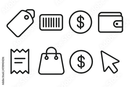 E-commerce Icon Set. E-commerce Tag Set linear icon set: tag, barcode, dollar sign, wallet, receipt, bag, coin, cursor.
