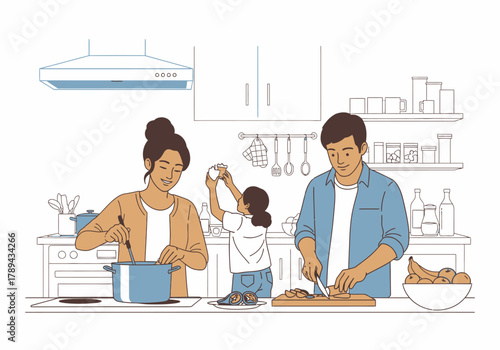 Family Cooking Together Mother Father and Daughter in Kitchen.