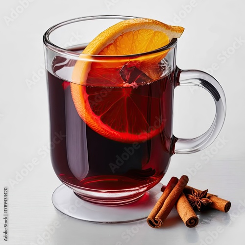 Glass mug of mulled wine with orange slice garnish and cinnamon sticks, star anise on white background, warm spiced beverage