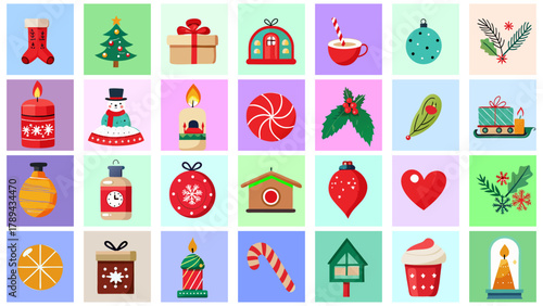 Red woolen sock with a Christmas ornament on a square background for winter holidays vector illustration. 