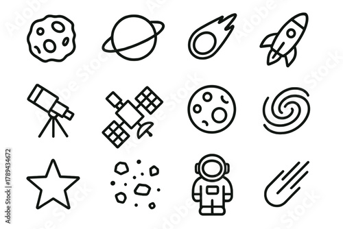 Space Icons Collection. Asteroids linear icon set: asteroid, planet, comet, rocket, telescope, satellite, moon, galaxy, star, space debris, astronaut, light streak.
