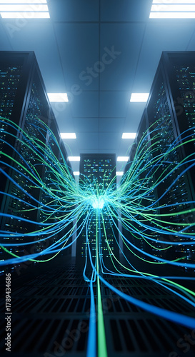Data Center Servers with Interconnected Cables and Blue Lights