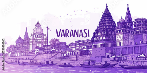 Varanasi Skyline Sketch with Ganga Ghats, Kashi Vishwanath Temple, and Cultural Landmarks for India Tourism Poster and Travel Art Print