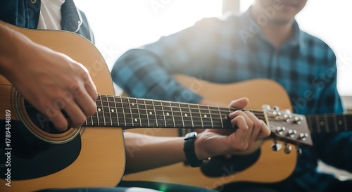 Two young men playing acoustic guitars together in music class