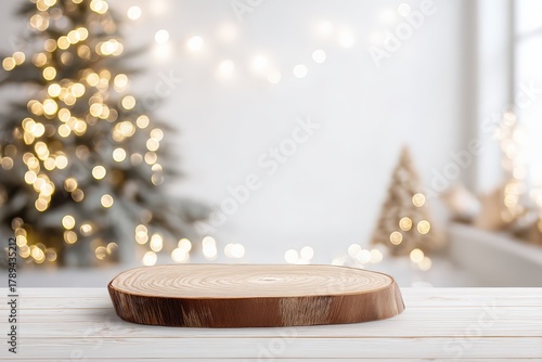 Wood slice podium on a light wooden table with a blurred Christmas tree and bokeh lights providing a festive background for product display