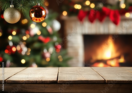 Rustic wooden table providing empty space, with a cozy Christmas tree, festive ornaments, and a warm fireplace in background bokeh