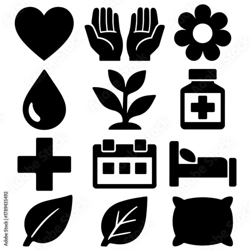 Healing Icons Set. Healing Process silhouette icon set: heart, hands, flower, bandage, water droplet, plant sprout, medicine bottle, bed, cross symbol, calendar, leaf, soft pillow.