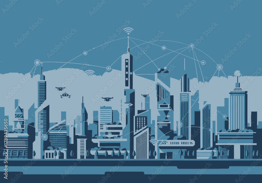 Obraz premium Futuristic Cityscape with Drones and Network Connections in Blue Tones.