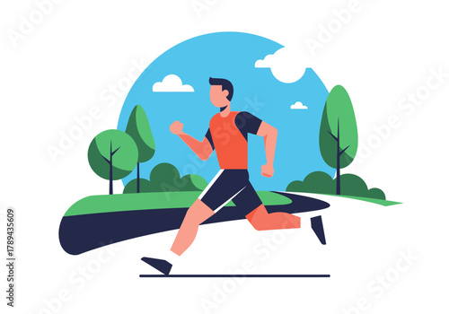 Energetic cartoon man in orange and black sportswear running with dynamic stride fitness illustration.