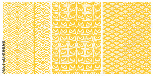 Three seamless geometric patterns in yellow and white with art deco and organic influences