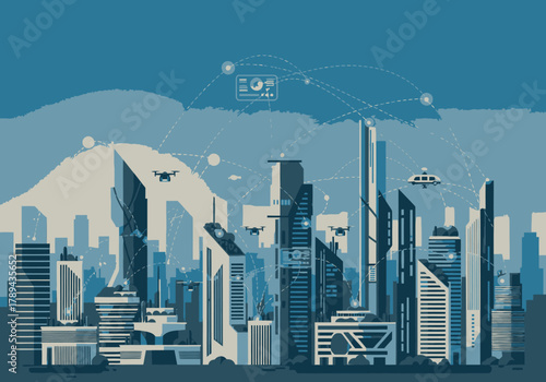 Futuristic Cityscape with Drones and Connected Network in Blue Tones.