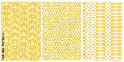 Three seamless patterns with yellow and white abstract geometric designs in a japanese style