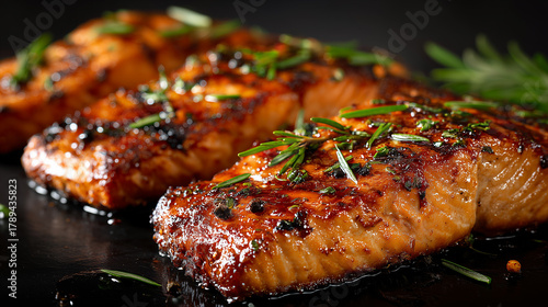 Wallpaper Mural Grilled salmon fillets with fresh herbs on a dark plate Torontodigital.ca