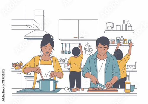 Family happily cooking together in a modern kitchen illustration.