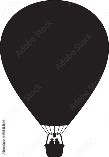 Black silhouette showcases two passengers riding within a hot air balloon across a transparent background