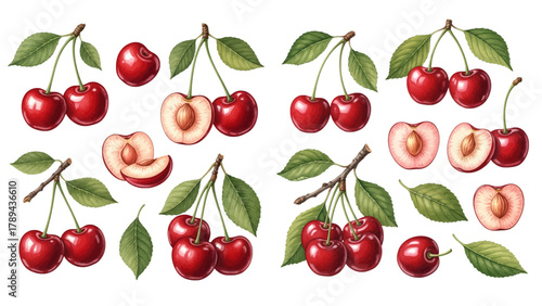 A collection of hand-drawn ripe red cherries with green leaves, shown whole, in pairs, and sliced in half to reveal the pit.