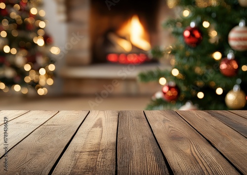 Empty wooden table foreground with festive blurred Christmas trees and a cozy fireplace in the warm background
