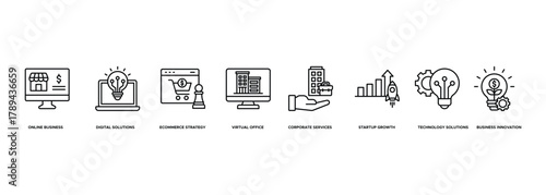 Banner Online Business Solutions icon. Online Business, Digital Solutions, Ecommerce Strategy, Virtual Office, Corporate Services, Startup Growth, Technology Solutions, Business Innovation