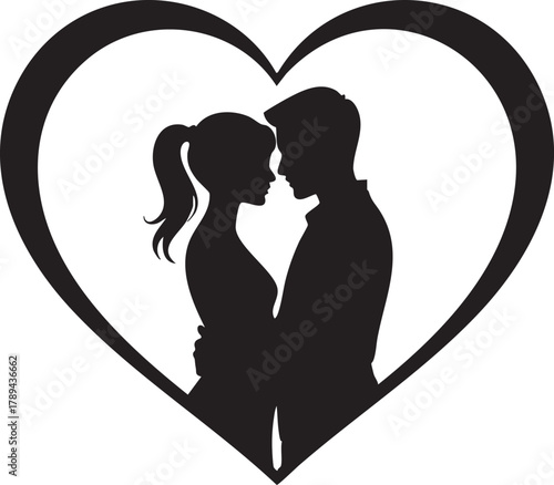 Black silhouette shows a woman and man hugging inside a heart with transparent background