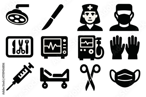 Brutalist Surgery Icons. Operating Room silhouette icon set: surgical lamp, scalpel, nurse, surgeon, tray of tools, heart monitor, anesthesia machine, gloves, syringe, hospital bed