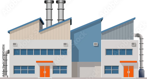 Illustration of a modern industrial factory building with chimneys and ventilation systems, symbolizing production, manufacturing, and industrial infrastructure in urban or business environment
