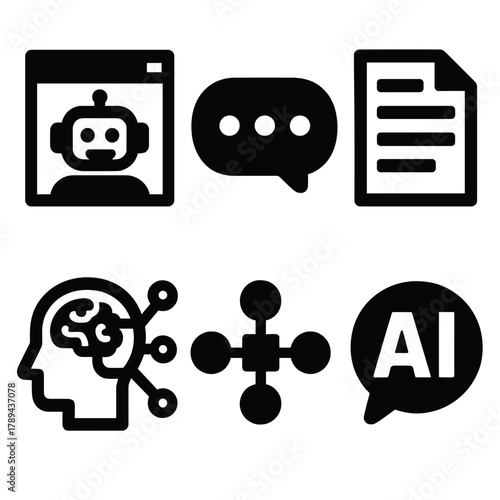 Brutalist AI Icons. Text Generation silhouette icon set: chatbot window, typing dots, paragraph document, NLP icon, algorithm node map, language AI bubble.